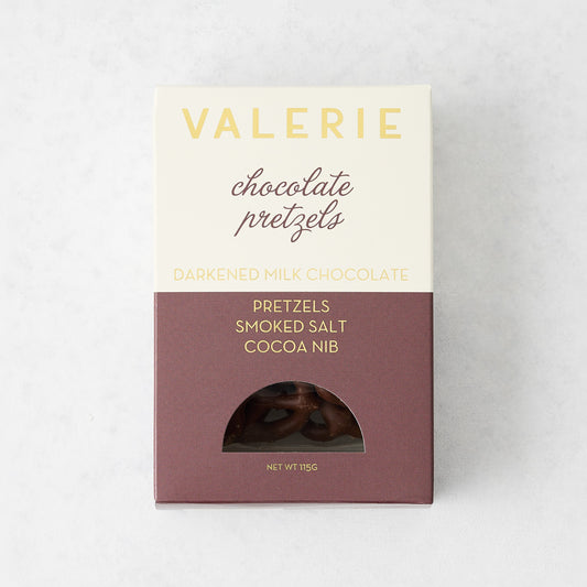 Hudson Grace Valerie chocolate covered salted pretzels in a branded box with smoked salt and cocoa nibs