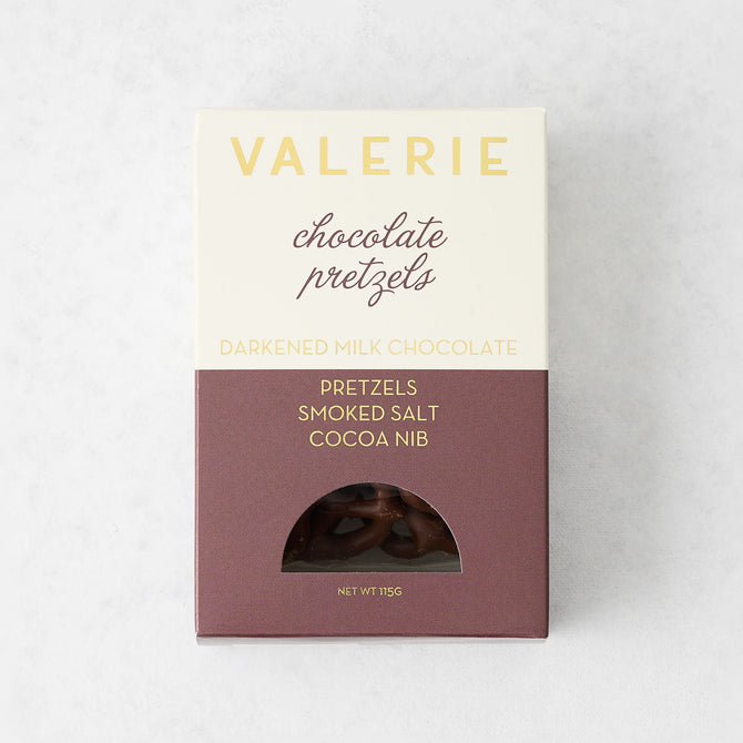 Hudson Grace Valerie chocolate covered salted pretzels in a branded box with smoked salt and cocoa nibs