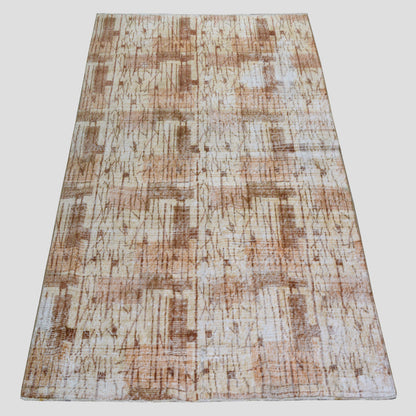 Vintage 4'9"x7' brown patterned Turkish wool rug with natural fading and low pile.