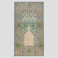 Vintage Cream, Green, Blue Turkish Wool Rug, 4'7"x9', intricate geometric pattern, blue border.