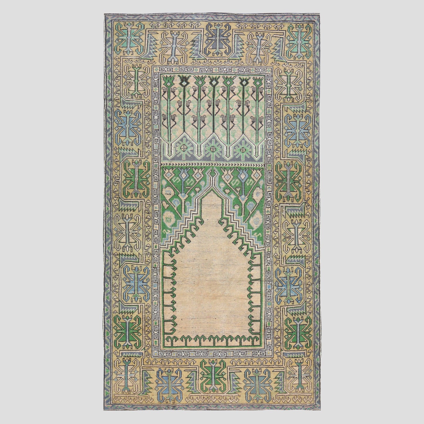 Vintage Cream, Green, Blue Turkish Wool Rug, 4'7"x9', intricate geometric pattern, blue border.