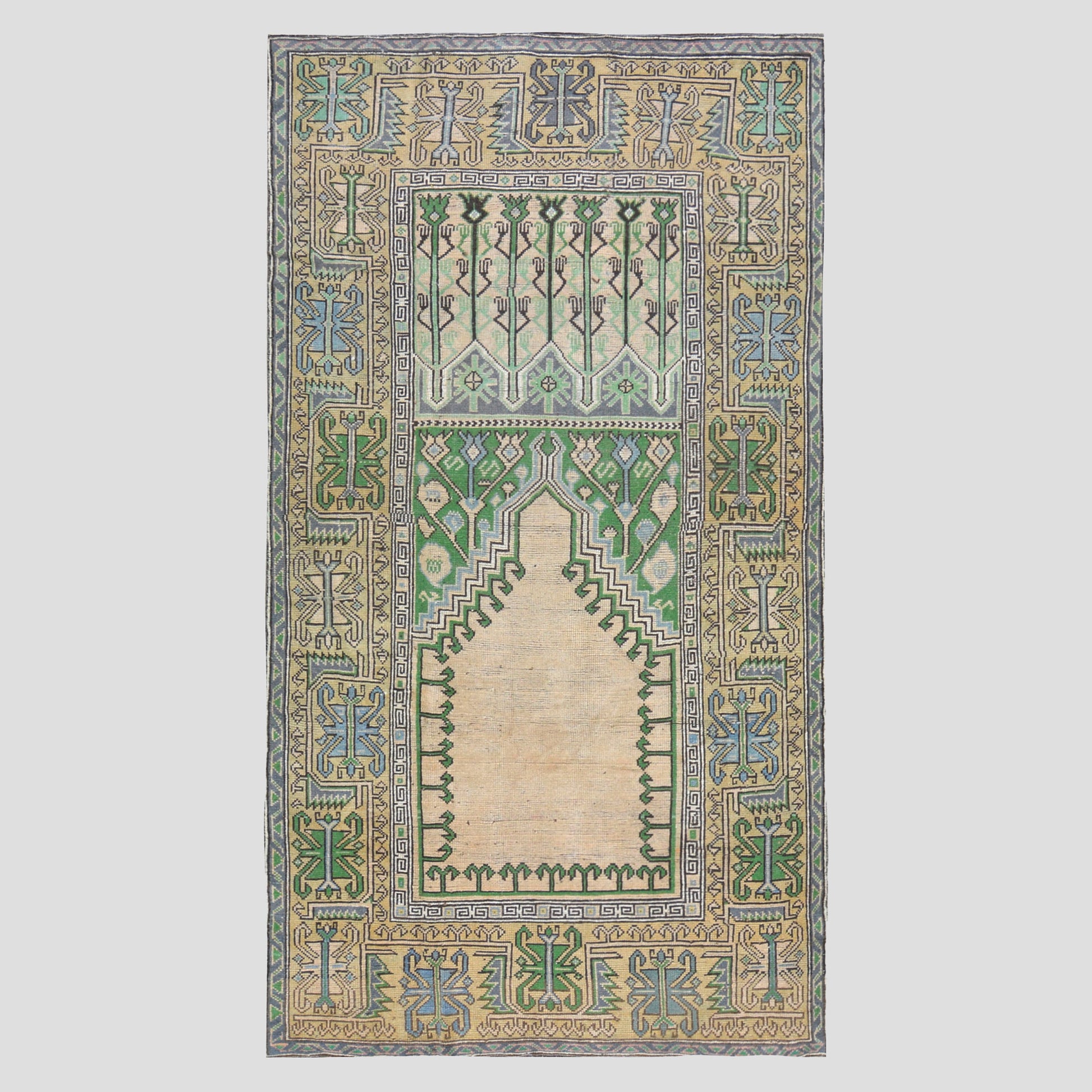 Vintage Cream, Green, Blue Turkish Wool Rug, 4'7"x9', intricate geometric pattern, blue border.