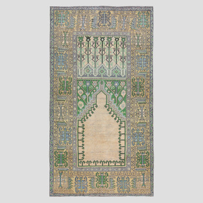 Vintage Cream, Green, Blue Turkish Wool Rug, 4'7"x9', intricate geometric pattern, blue border.