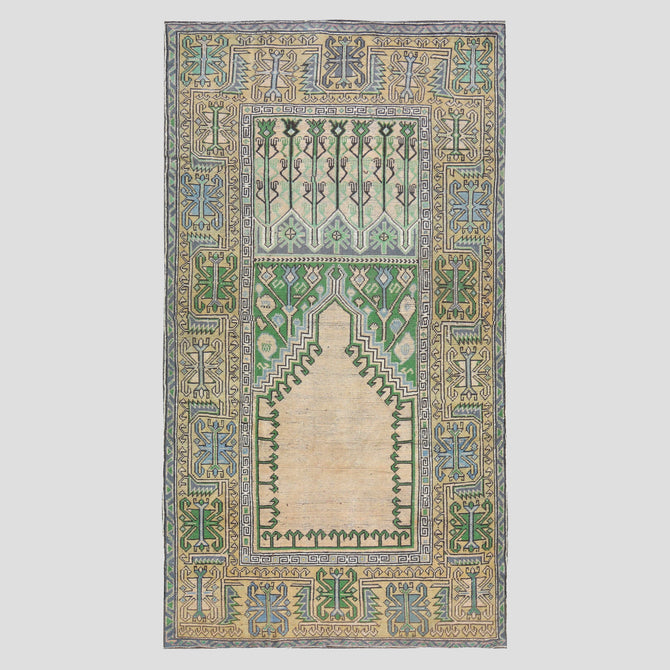 Vintage Cream, Green, Blue Turkish Wool Rug, 4'7"x9', intricate geometric pattern, blue border.