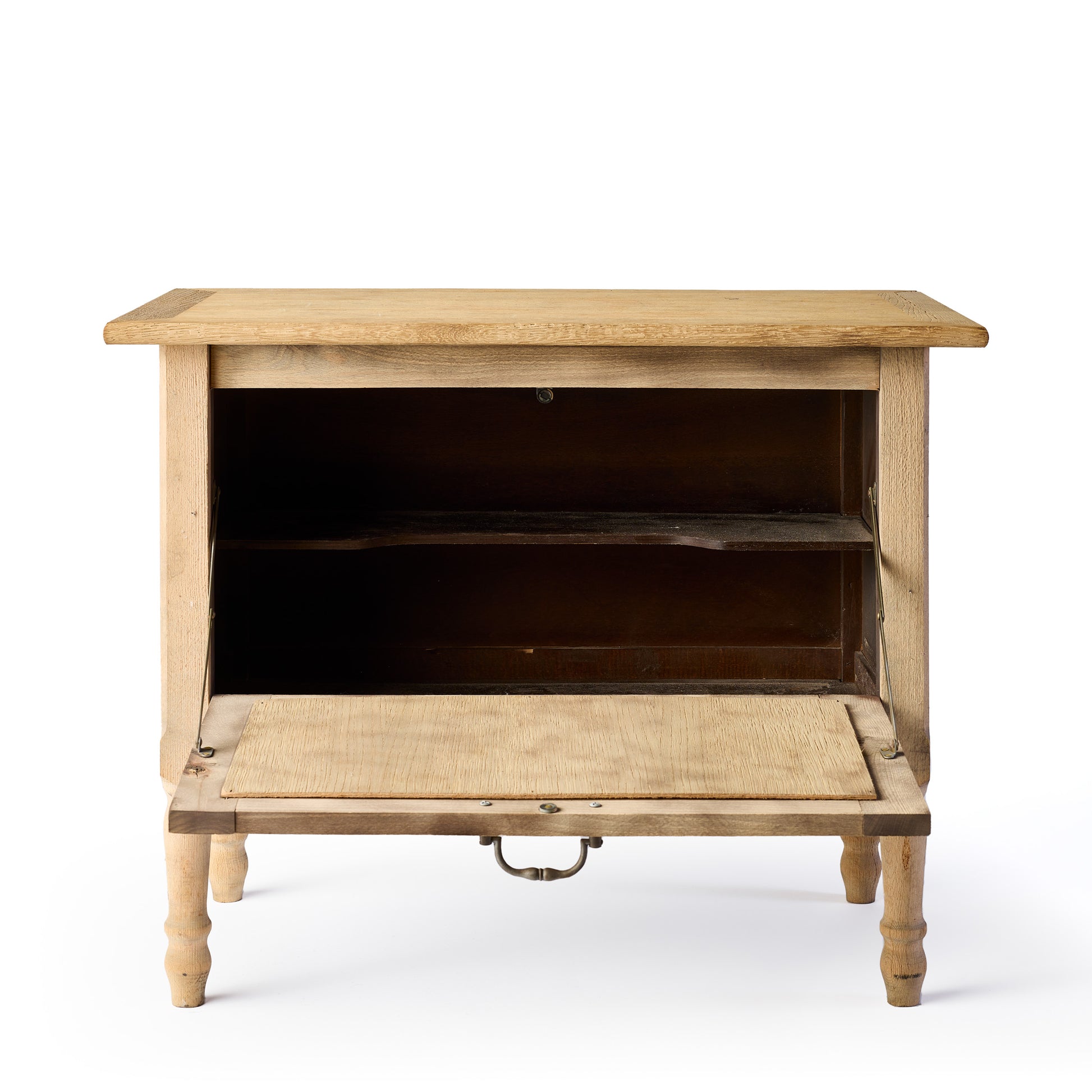 Vintage bleached oak console with a drop-down cabinet door, interior shelf, and brass pull handle.