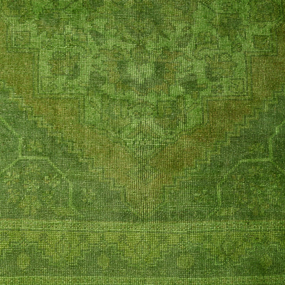 Vintage green wool rug with a low-pile, distressed pattern and handcrafted texture, 3'10 x 6'8.