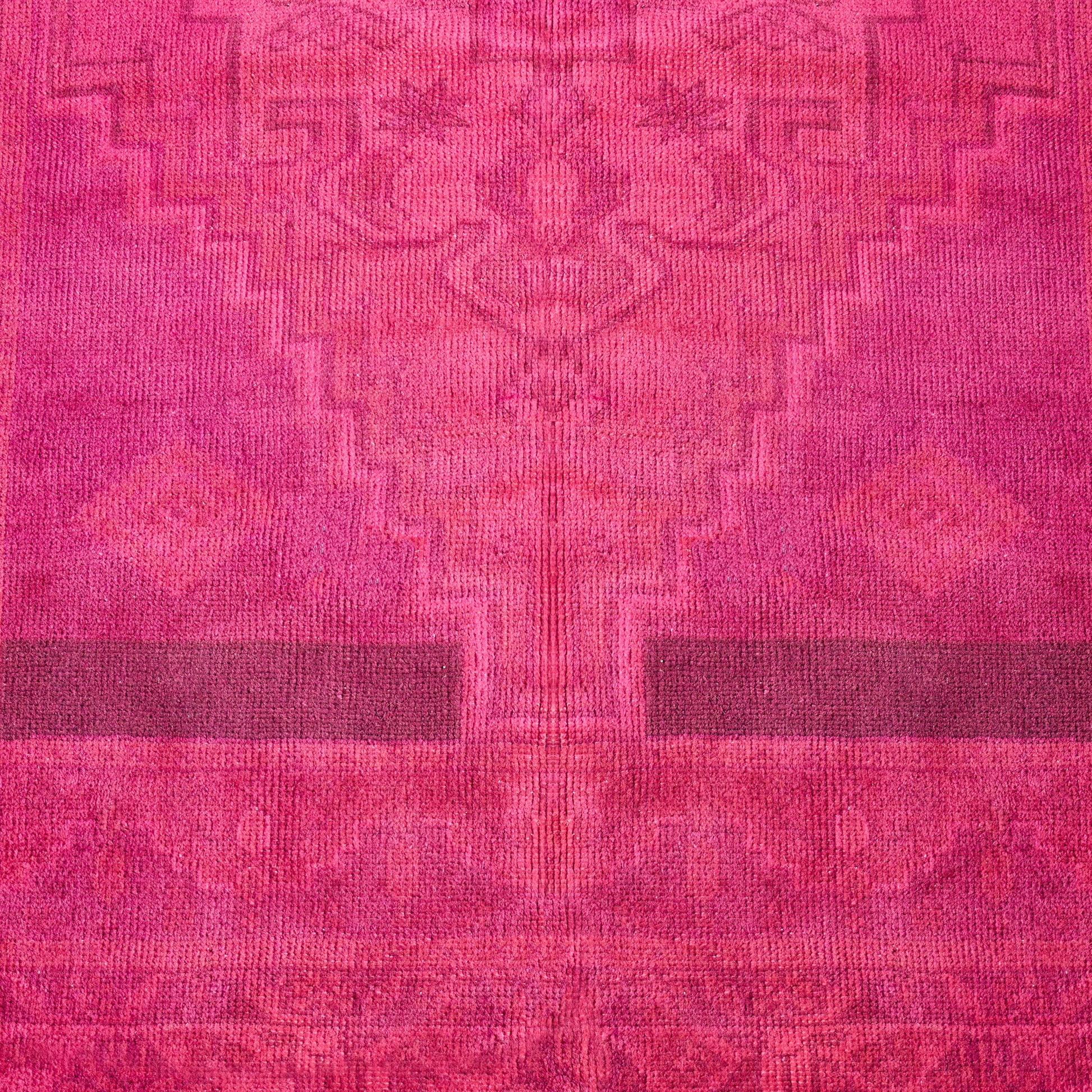 Vintage hot pink wool rug with a low-pile, handcrafted geometric pattern and subtle faded texture, 3'7 x 6'9.