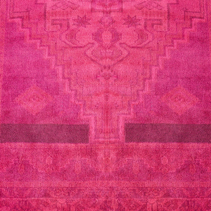 Vintage hot pink wool rug with a low-pile, handcrafted geometric pattern and subtle faded texture, 3'7 x 6'9.