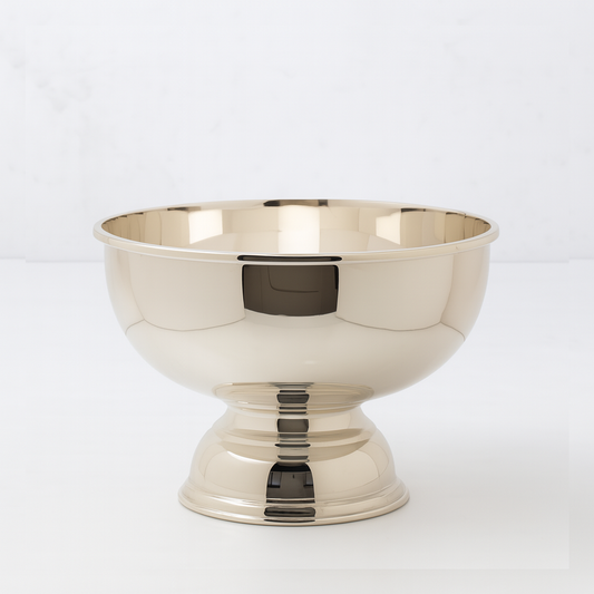 Vintage silverplate 8" footed bowl with a polished, reflective finish and classic design.