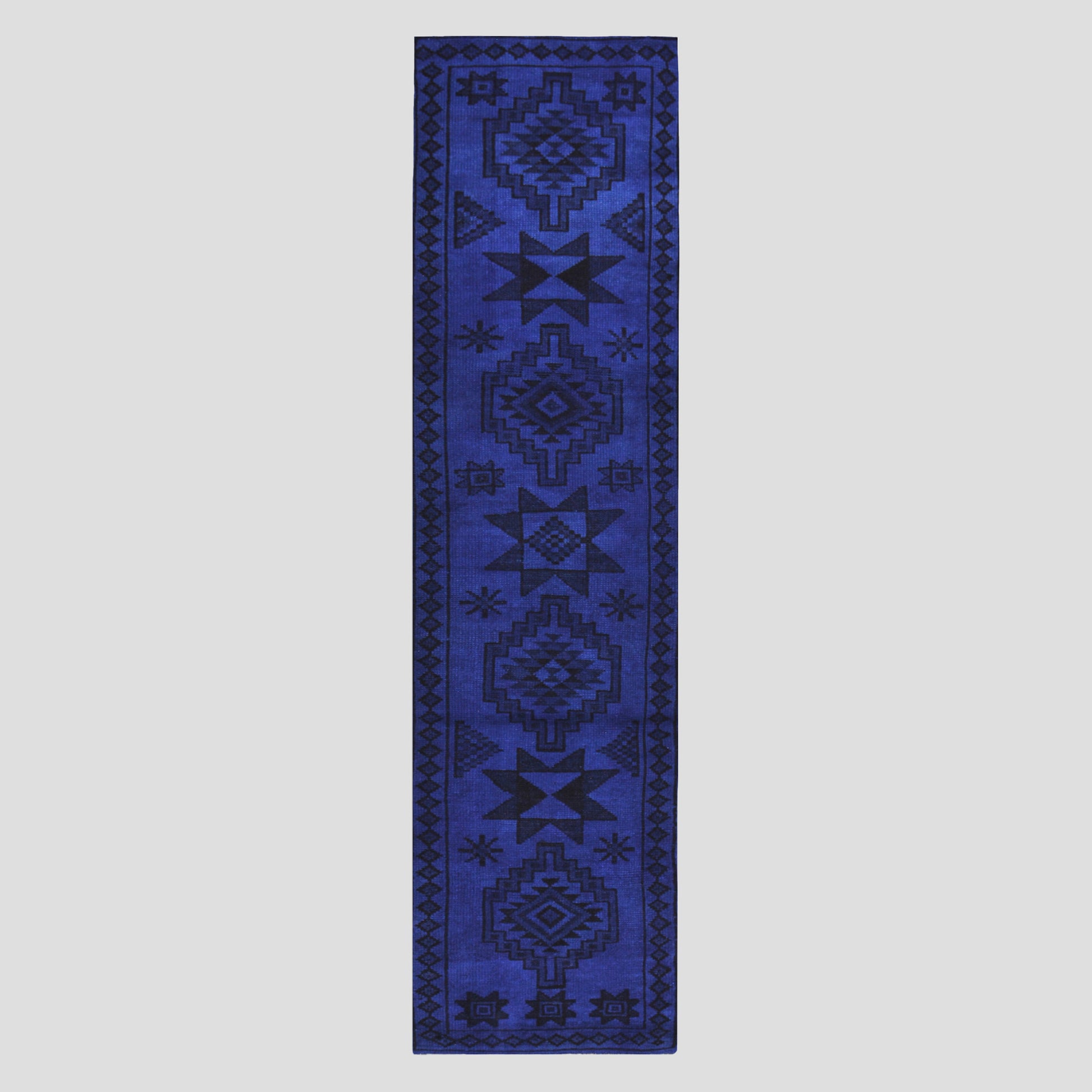 Vintage Indigo Blue and Black Turkish Runner Rug, 2'10" x 11'6", 100% wool, geometric pattern.