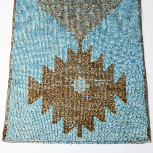 Vintage Light Blue and Brown Aztec Runner Rug