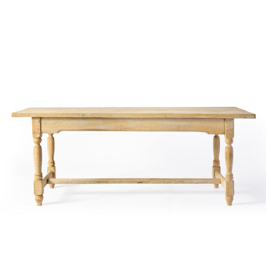 Vintage bleached oak dining table with turned knobbed baluster legs and a sturdy cross-base support.