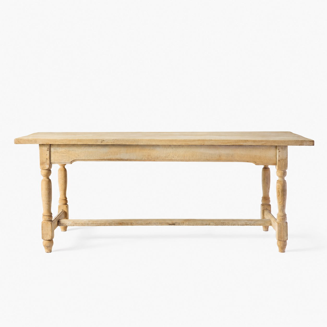 Vintage bleached oak refectory dining table with turned knobbed baluster legs and a sturdy cross-base support.