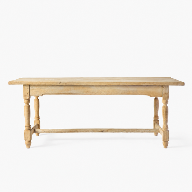 Vintage bleached oak refectory dining table with turned knobbed baluster legs and a sturdy cross-base support.