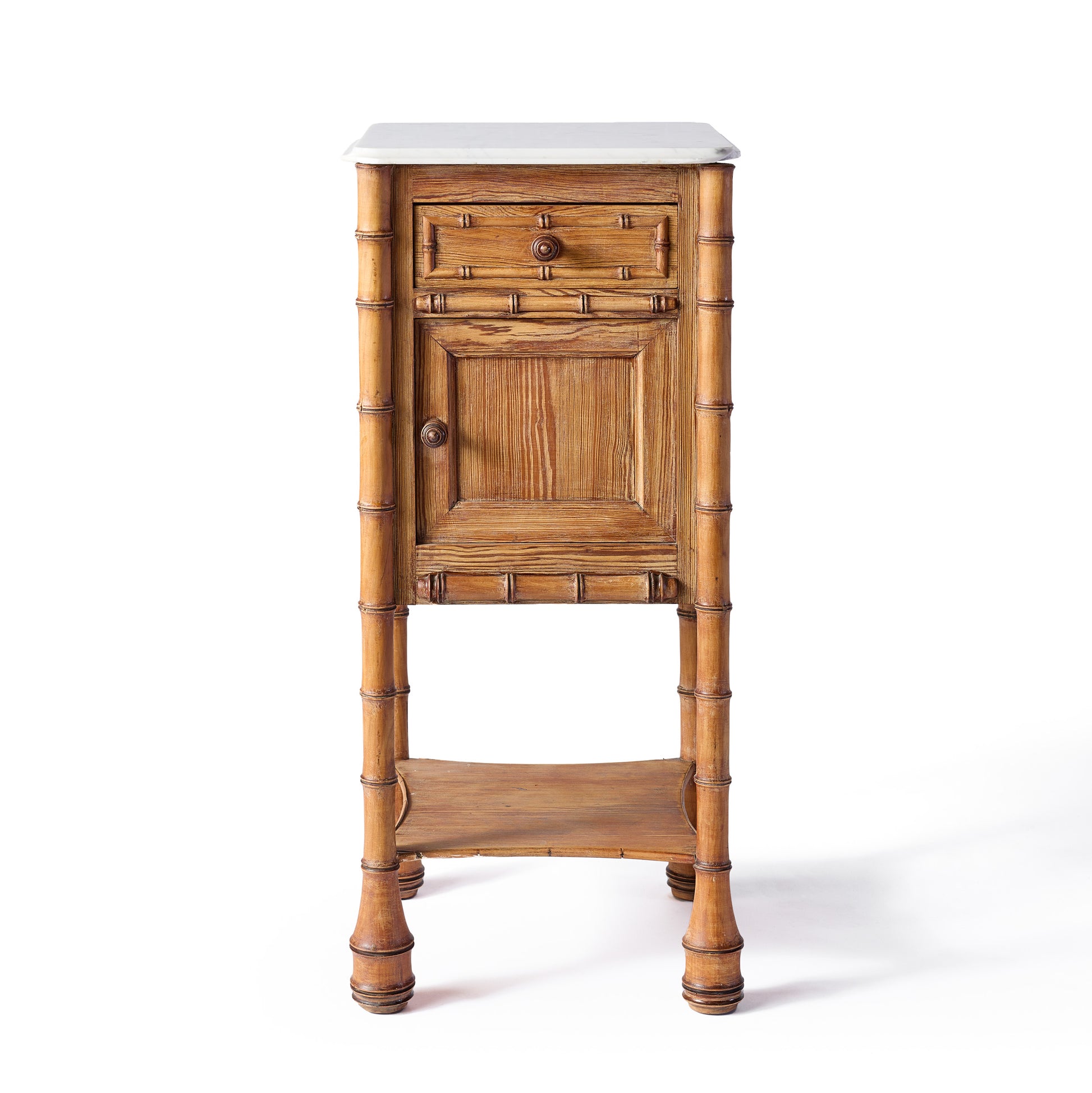 Vintage oak nightstand with marble top, bamboo-style carved wood, one drawer, cabinet, and lower shelf.