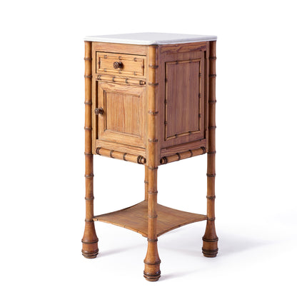 Vintage oak nightstand with a marble top, bamboo-style carved wood, one drawer, a cabinet, and a lower display shelf.