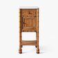 Victorian oak nightstand with a marble top, bamboo-style carved legs, a drawer, and a lower cabinet shelf.