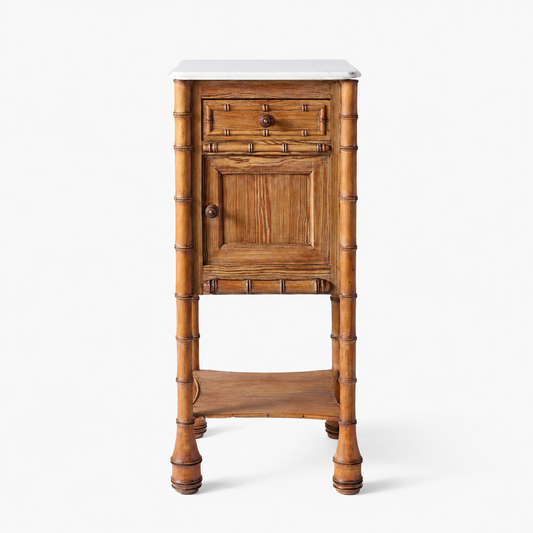 Victorian oak nightstand with a marble top, bamboo-style carved legs, a drawer, and a lower cabinet shelf.