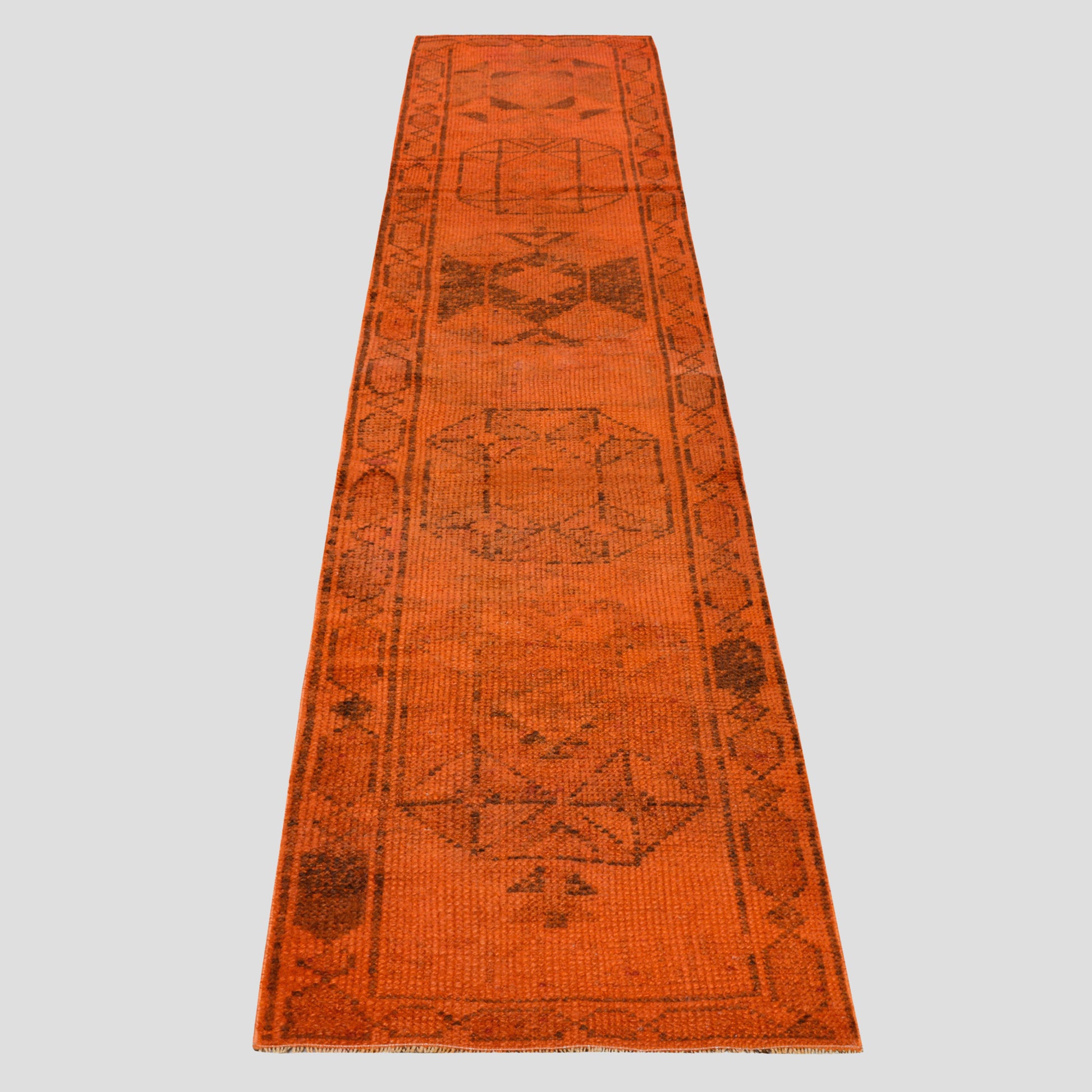 Vintage orange and black Turkish runner rug, 2'4" x 11', 100% wool, with geometric patterns.