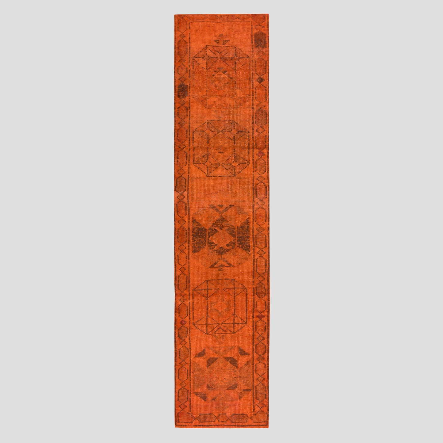 Vintage orange and black Turkish runner rug, 2'4" x 11', 100% wool, with geometric pattern.
