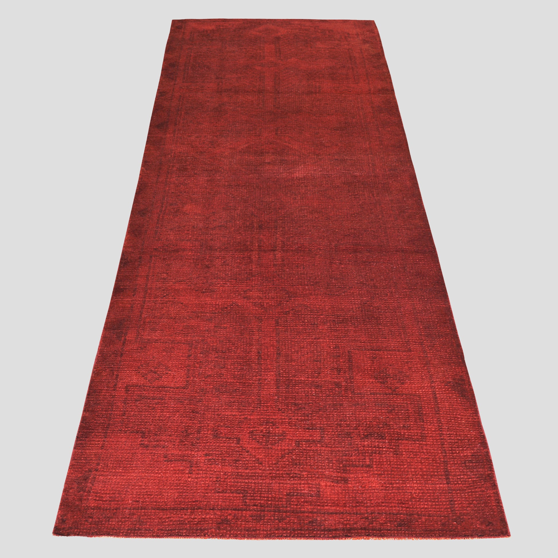 Vintage red and black Turkish runner rug, 2'4"x 11', 100% wool with faded pattern.