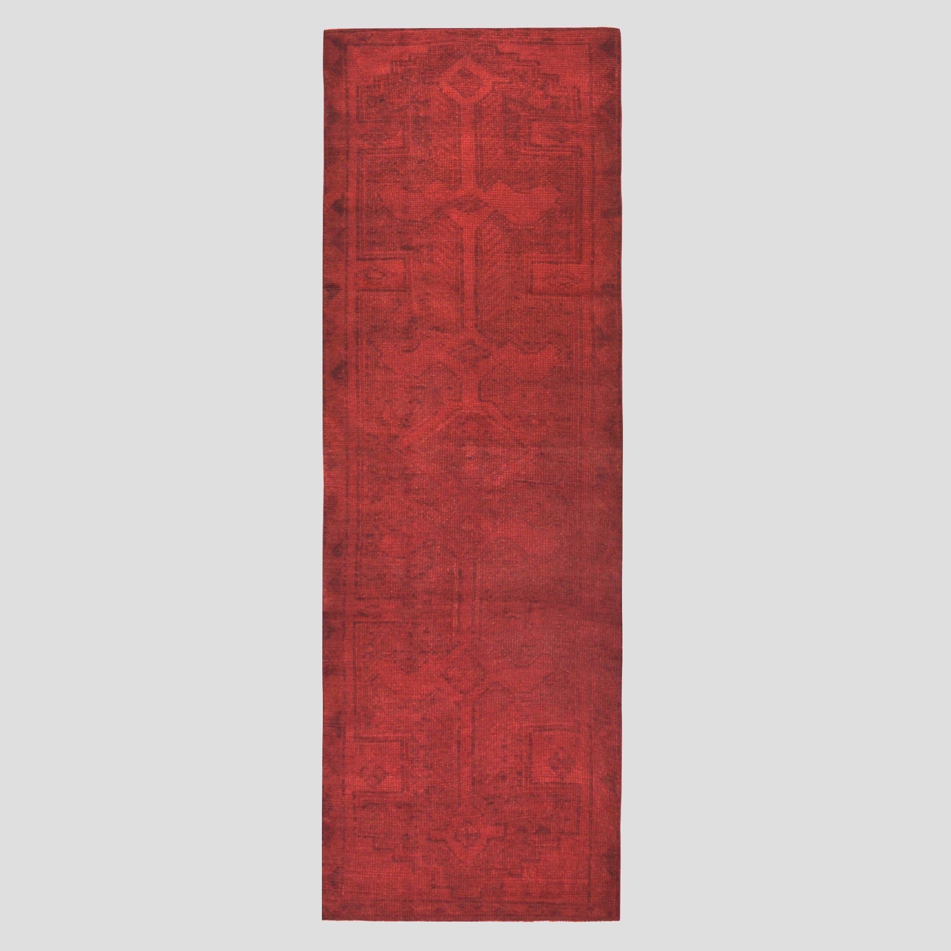 Vintage Red and Black Turkish Runner Rug, 2'4"x 11', 100% wool, with faded black geometric pattern.