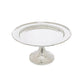 Vintage silverplate 10" tazza, a polished, reflective cake stand with a smooth, round top and pedestal base.