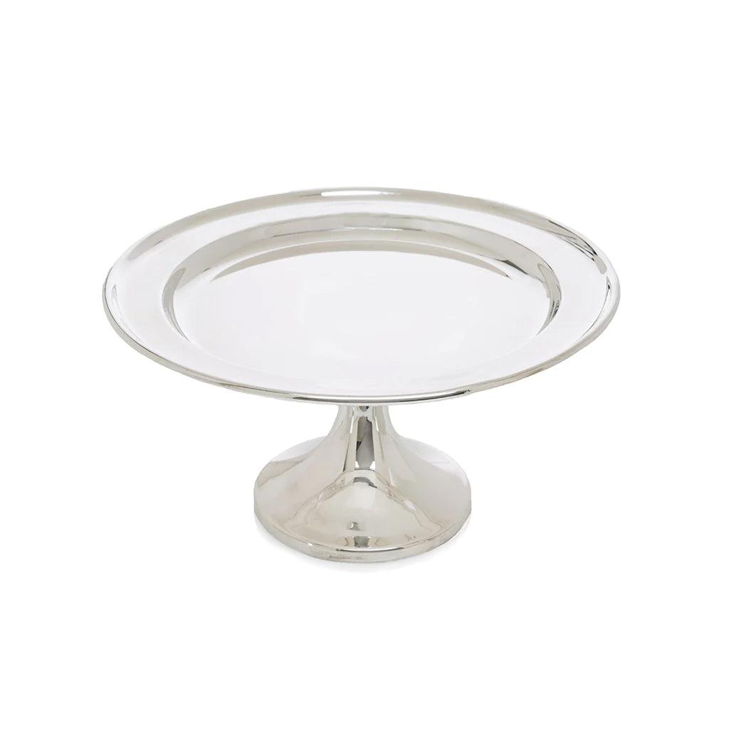 Vintage silverplate 10" tazza, a polished, reflective cake stand with a smooth, round top and pedestal base.