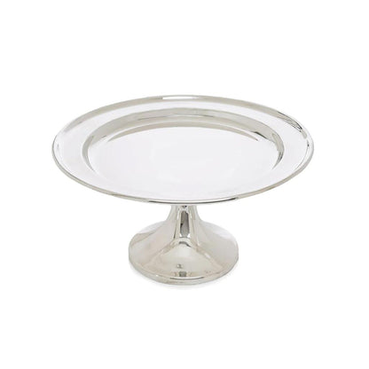 Vintage silverplate 10" tazza, a polished, reflective cake stand with a smooth, round top and pedestal base.