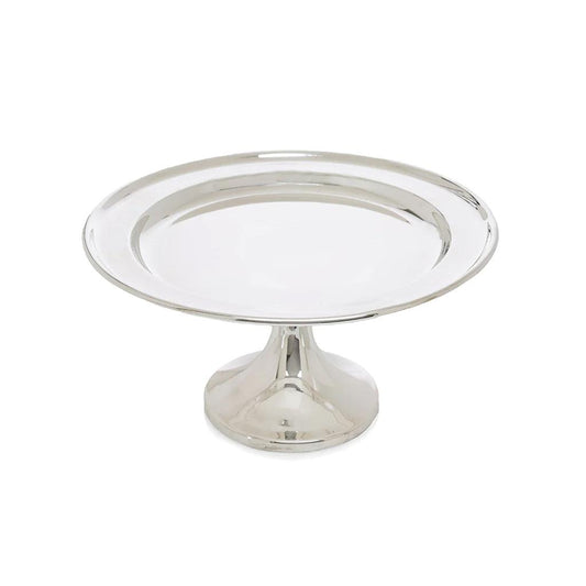 Vintage silverplate 10" tazza, a polished, reflective cake stand with a smooth, round top and pedestal base.