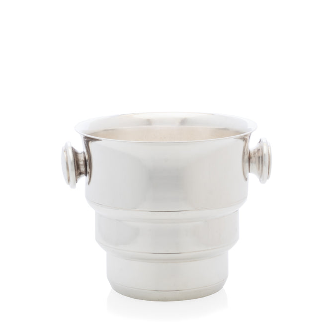 Vintage silverplate champagne bucket with ring handles and tiered base.
