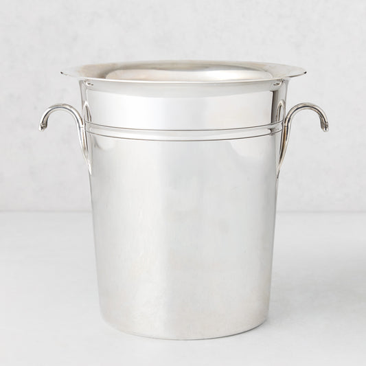 Vintage silverplate Bradley champagne bucket with curved handles.