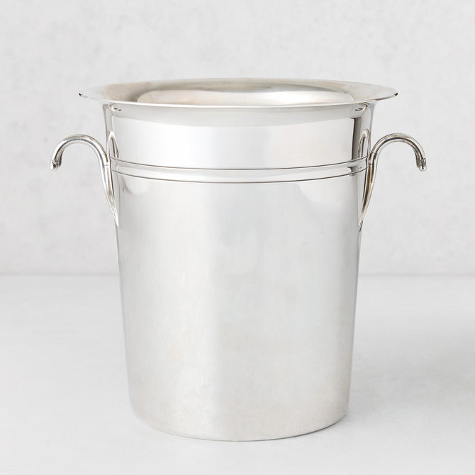 Vintage silverplate Bradley champagne bucket with curved handles.