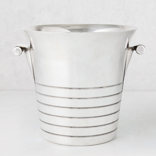 Vintage silverplate Deco lined champagne bucket with two handles.
