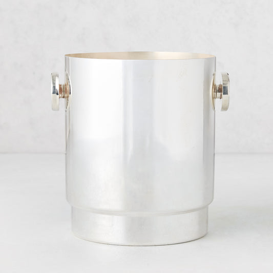 Vintage silverplate Gabby ice bucket with round handles, shiny finish.