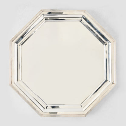 Vintage silverplate hexagonal Kyleigh platter, 14", with polished finish and raised rim.