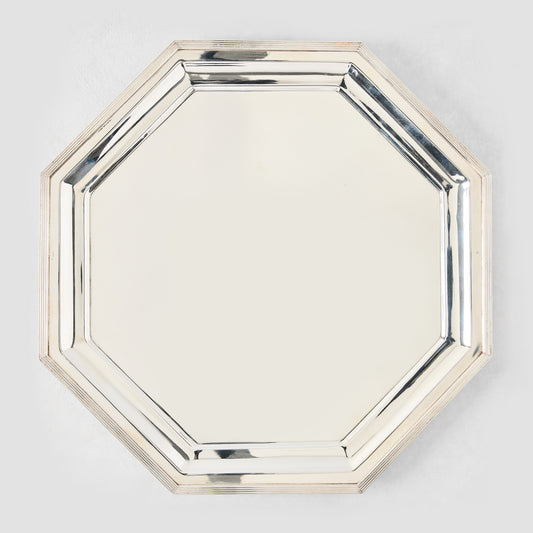 Vintage silverplate hexagonal Kyleigh platter, 14", with polished finish and raised rim.
