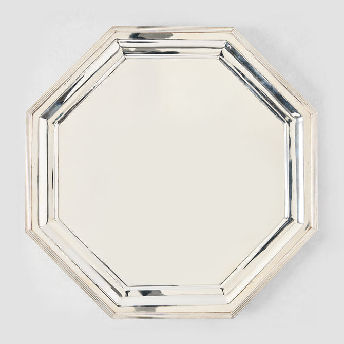 Vintage silverplate hexagonal Kyleigh platter, 14", with polished finish and raised rim.