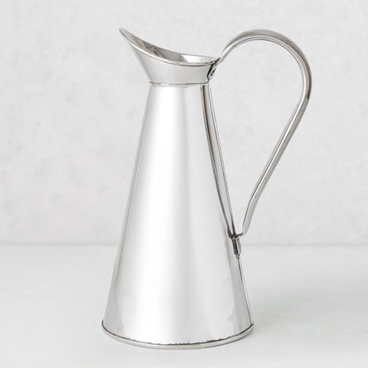 Vintage silverplate James pitcher, 11 inches tall, with a conical body and curved handle.