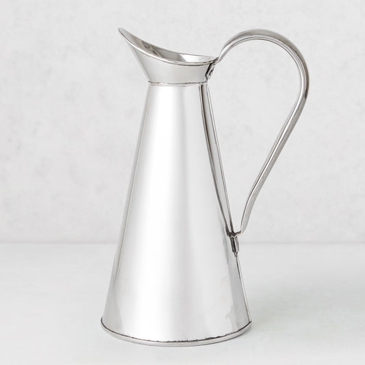 Vintage silverplate James pitcher, 11 inches tall, with a conical body and curved handle.
