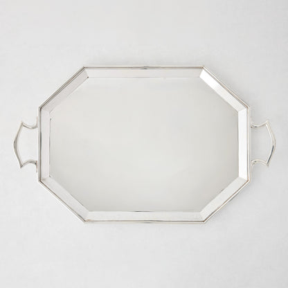 Vintage silverplate large Jake tray with an octagonal shape and two handles.