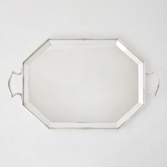 Vintage silverplate large Jake tray with an octagonal shape and two handles.