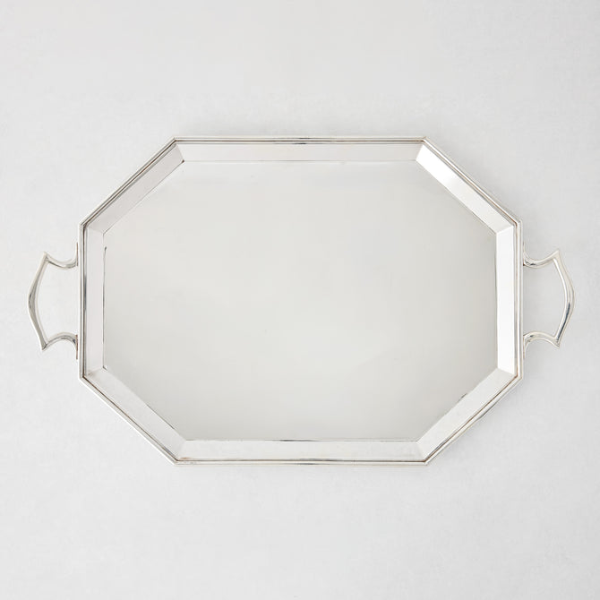 Vintage silverplate large Jake tray with an octagonal shape and two handles.