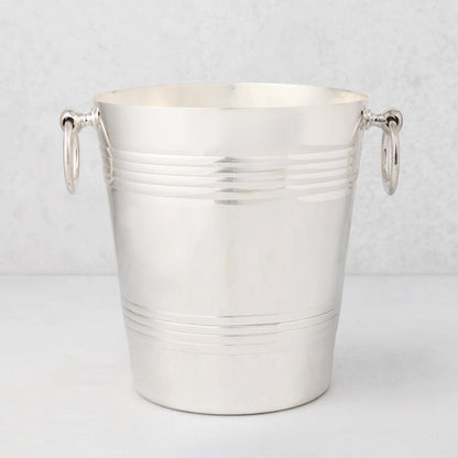 Vintage silverplate Mabel bottle holder, polished, with two ring handles and horizontal bands.