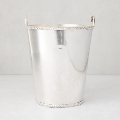 Vintage silverplate Margot champagne bucket with side handles and rope-style trim detail.