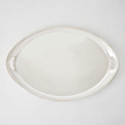 Vintage silverplate oblong Leela angled tray with ornate handles.