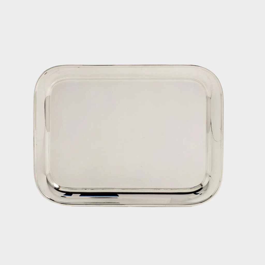 Vintage silverplate rectangular hotel serving tray with rounded corners and polished finish.