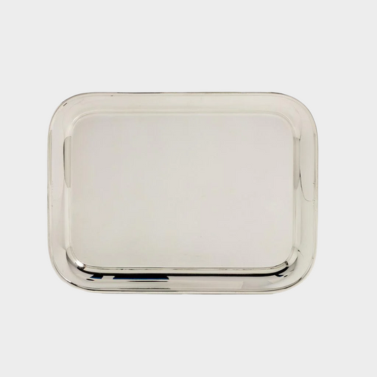 Vintage silverplate rectangular hotel serving tray with rounded corners and polished finish.