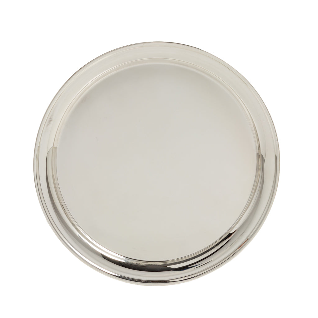 Vintage silverplate round hotel salver, polished finish, simple rim design.