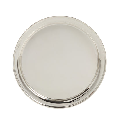 Vintage silverplate round hotel salver, polished finish, simple rim design.